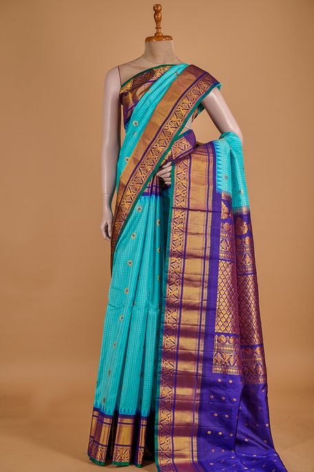 Gadwal silk sky and aqua blue saree with blouse