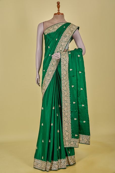 satin bottle green saree with blouse