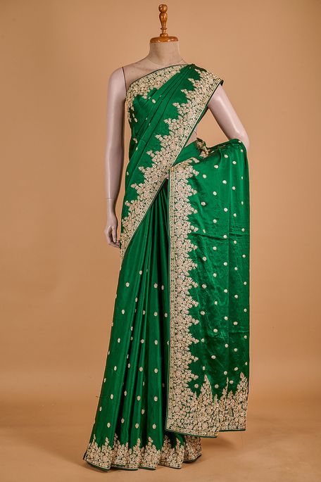 satin bottle green saree with blouse