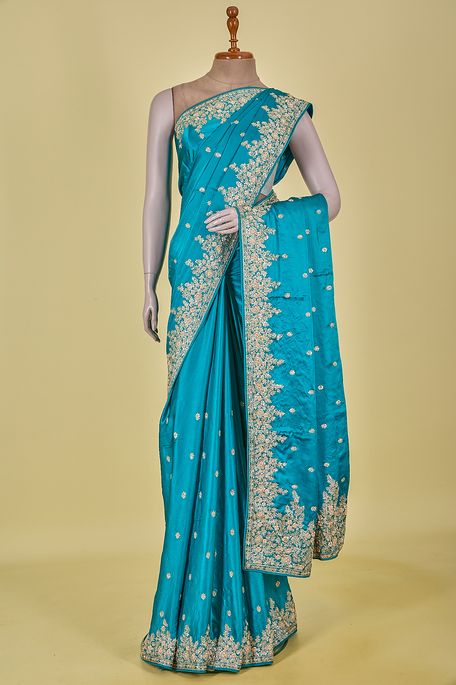 satin jungle sea green saree with blouse