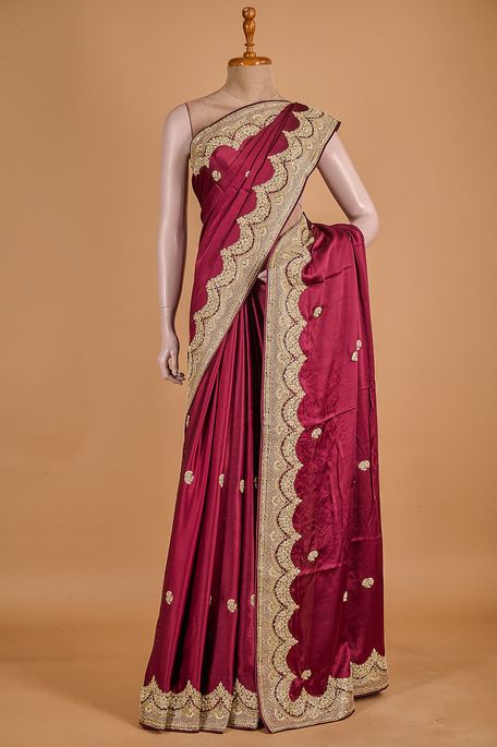 satin dark burgundy mauve saree with blouse