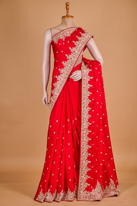 satin blood red saree with blouse