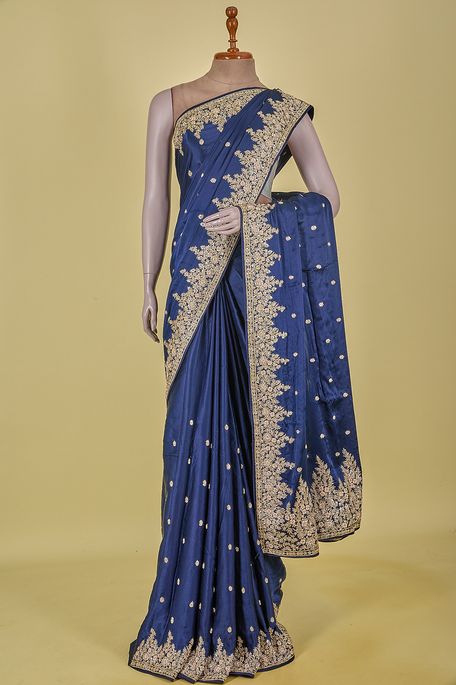satin navy blue saree with blouse