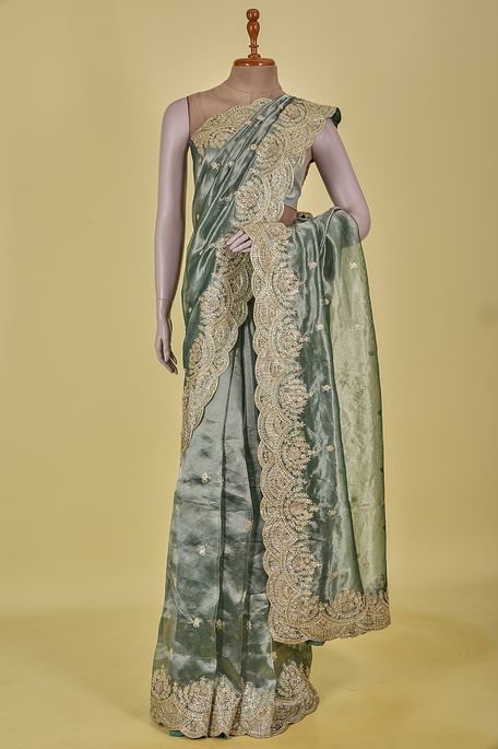 organza tissue fern green saree with blouse