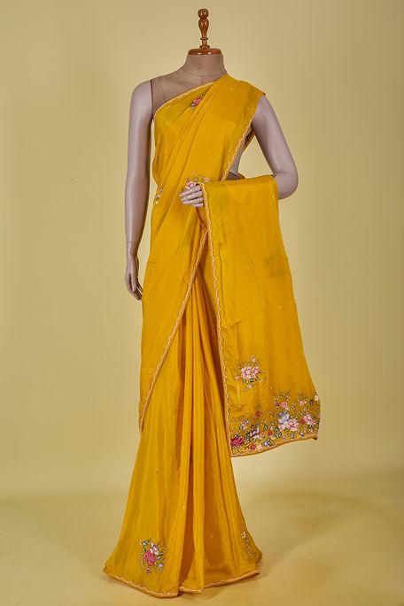 crepe golden yellow saree with blouse
