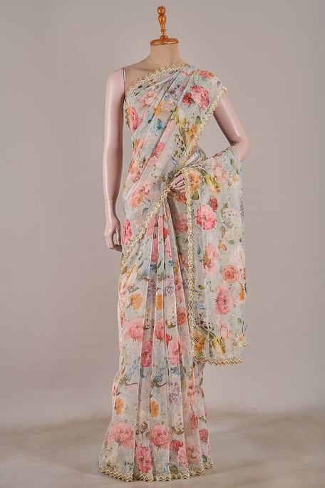 organza blush fern green saree with blouse