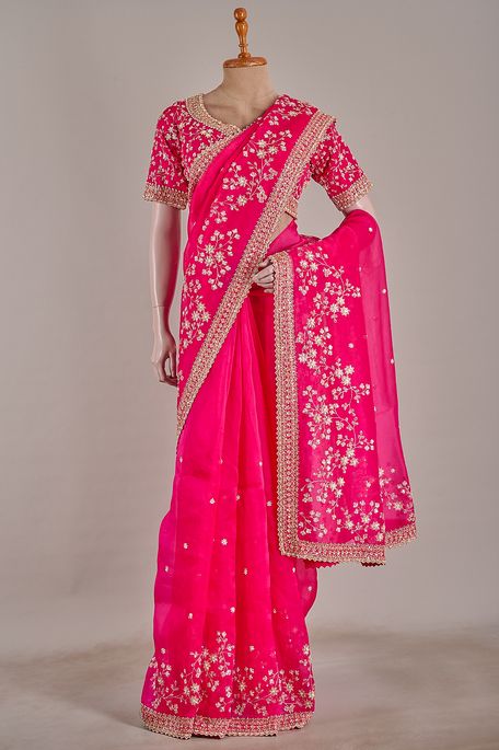 organza tomato pink saree with blouse