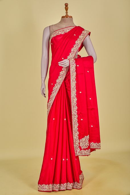 satin blood red saree with blouse