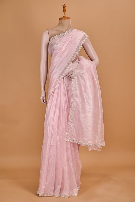 organza tissue baby pink saree with blouse