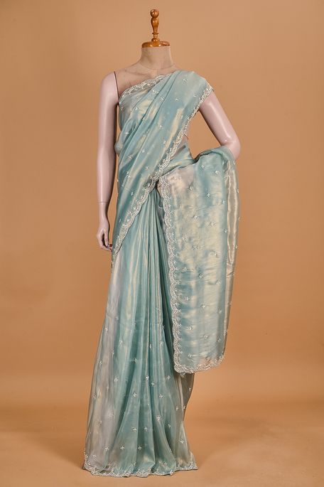 organza tissue fern green saree with blouse