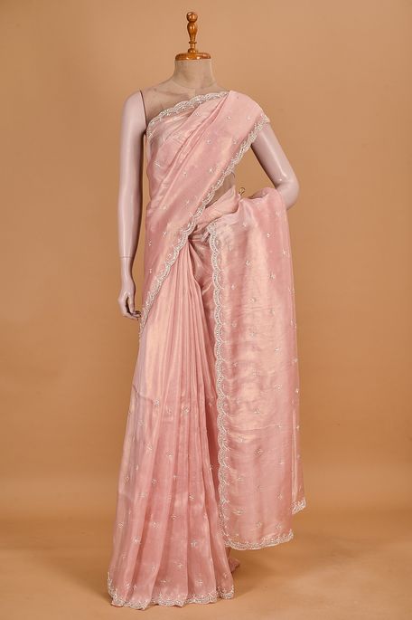 organza tissue light peach pink saree with blouse