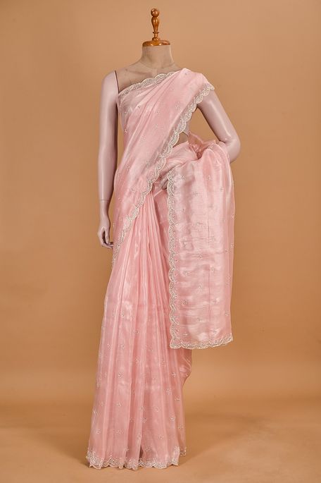 organza tissue light peach pink saree with blouse