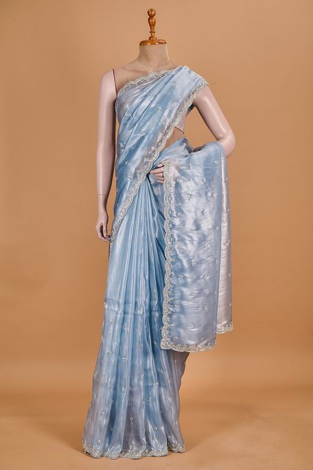 organza tissue dusky dark sky blue saree with blouse
