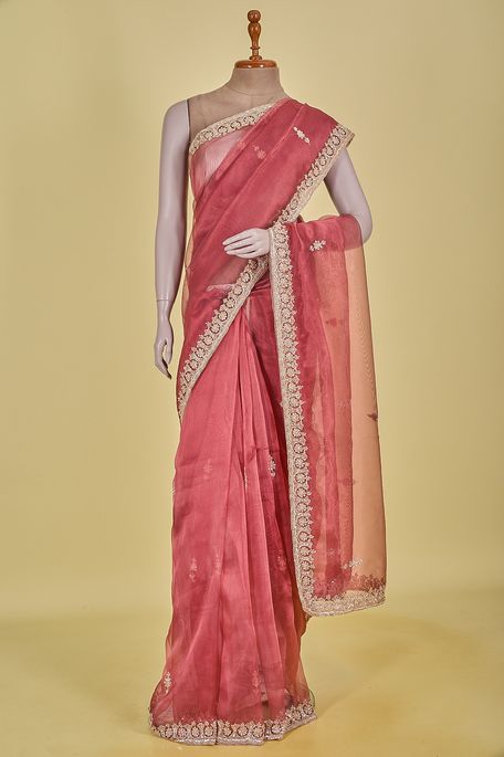 dupion tissue chestnut rust saree with blouse