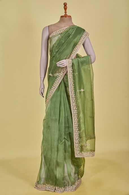 dupion tissue light parrot green saree with blouse
