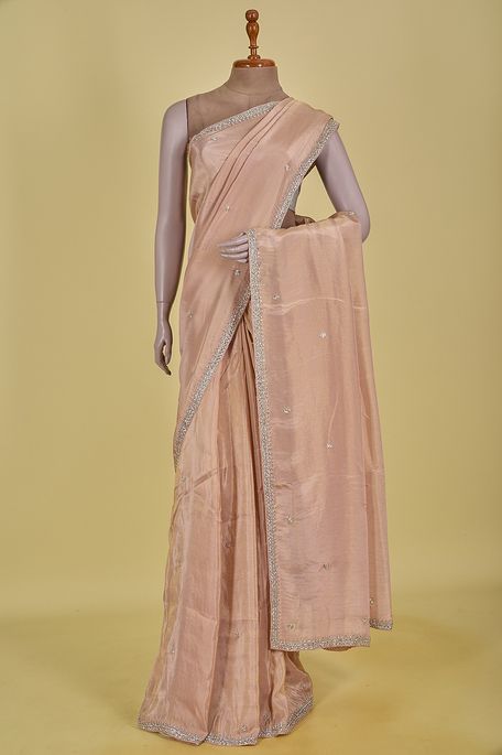 dupion tissue light salmon onion pink saree with blouse