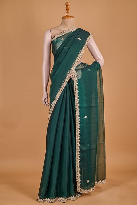 glass tissue dark bottle green saree with blouse