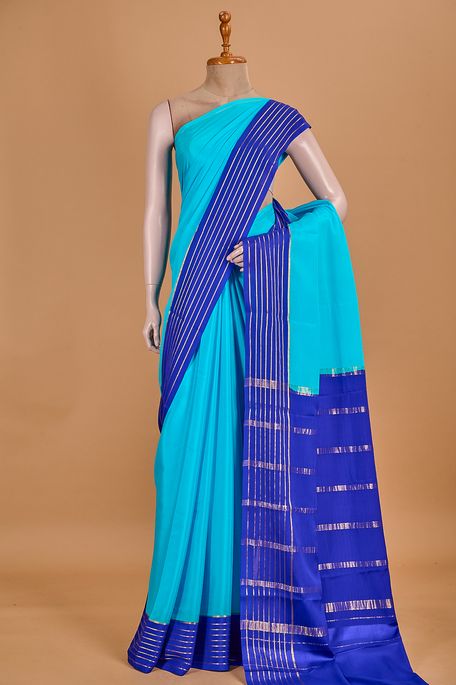 Mysore crepe light turquoise blue saree with blouse