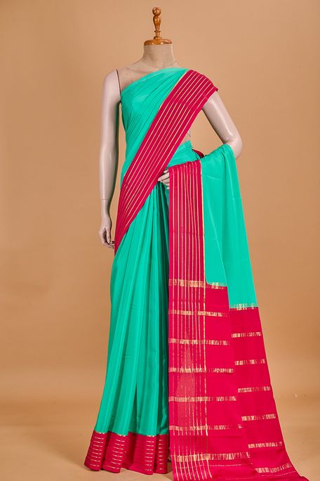 Mysore crepe mint cream sea green saree with blouse