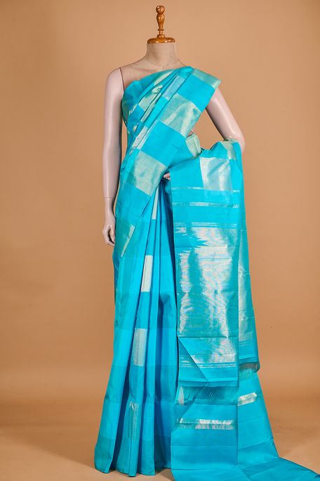 Kanchipuram silk light aqua blue turquoise blue saree with blouse