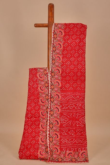 Bandhini tussar dark red saree with blouse