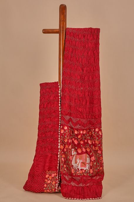Bandhini tussar carmine red saree with blouse