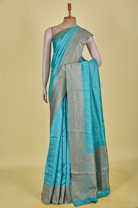 tussar light teal blue saree with blouse