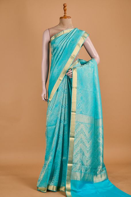 Mysore crepe light turquoise blue saree with blouse
