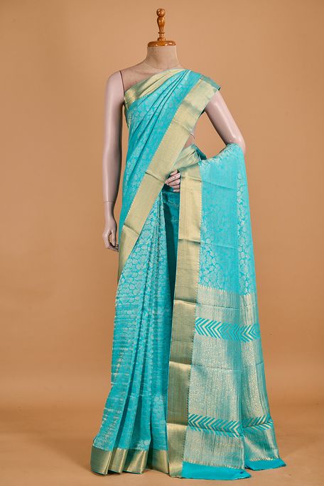 Mysore crepe light turquoise blue saree with blouse