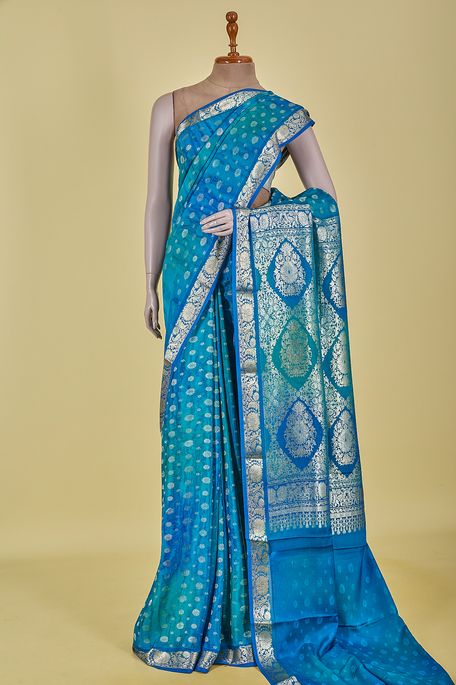 Mysore crepe light aqua blue dark marine blue saree with blouse