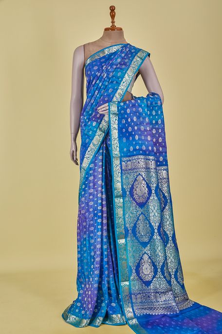 Mysore crepe marine blue lavender purple light turquoise blue saree with blouse