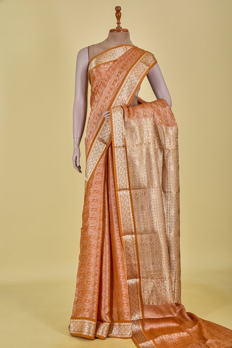 Mysore crepe tissue light saffron orange saree with blouse