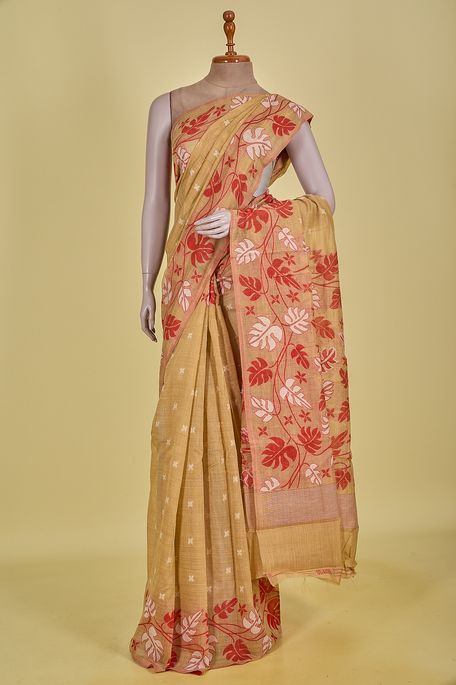 cotton light khakhi green brown saree with blouse