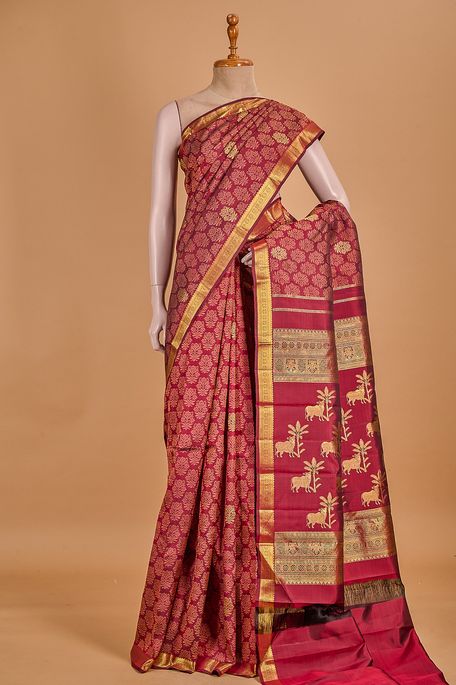Kanchipuram silk dark burgundy maroon saree with blouse