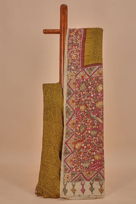 Kalamkari- Bandhini tussar khakhi olive green saree with blouse