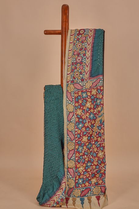 Kalamkari- Bandhini tussar dark fern green saree with blouse