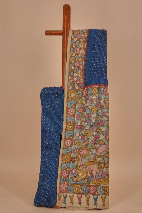 Kalamkari- Bandhini tussar navy blue saree with blouse