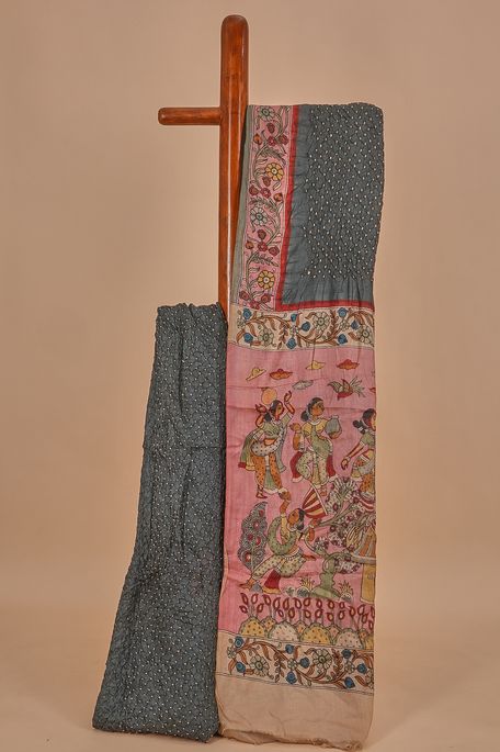 Kalamkari- Bandhini tussar dark steel grey saree with blouse