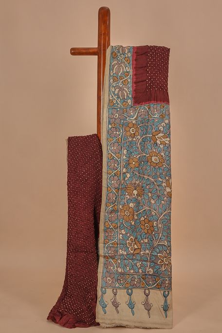 Kalamkari- Bandhini tussar dark burgundy maroon saree with blouse