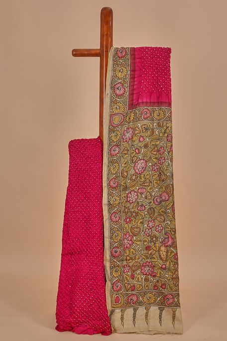Kalamkari- Bandhini tussar light magenta pink saree with blouse