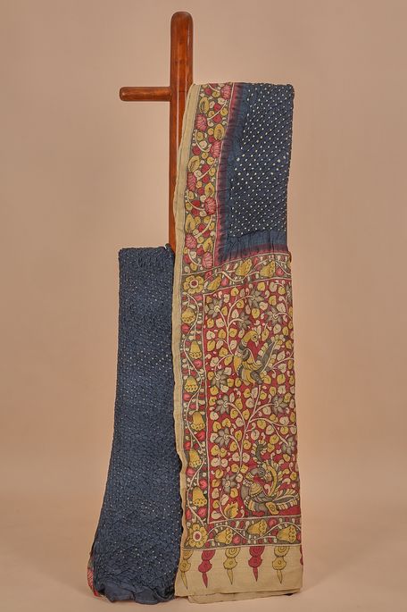 Kalamkari- Bandhini tussar charcoal grey saree with blouse