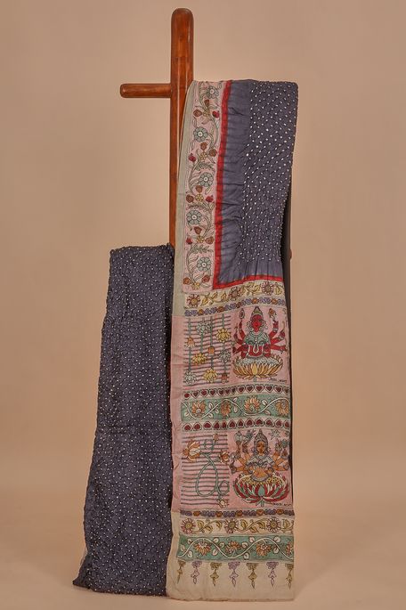 Kalamkari- Bandhini tussar charcoal grey saree with blouse