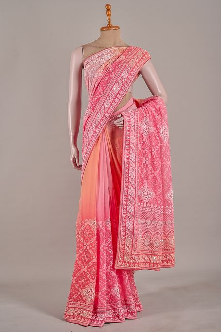 georgette salmon onion pink salmon pink dark salmon pink saree with blouse