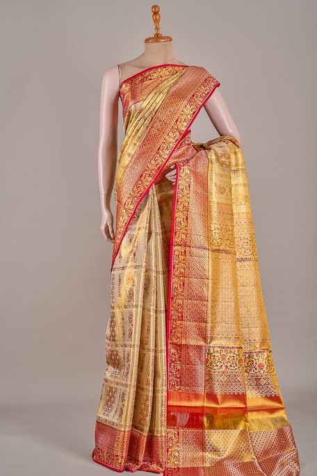 Kanchipuram silk tissue light khakhi green brown saree with blouse
