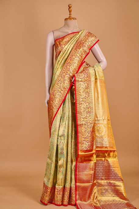 Kanchipuram silk tissue blush fern green saree with blouse