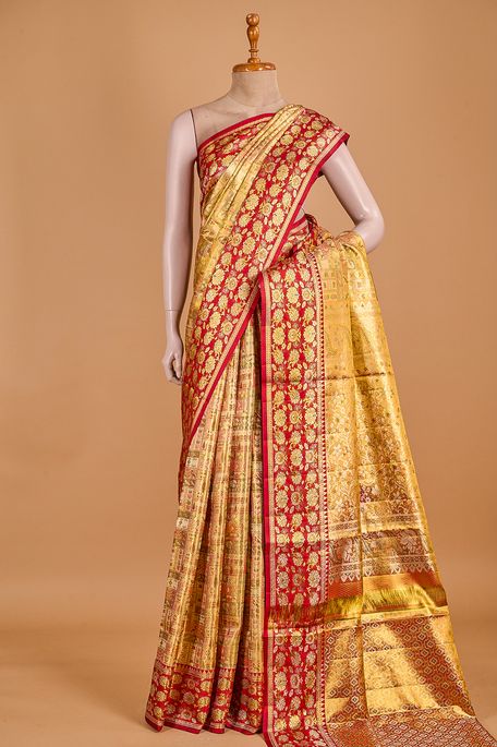 Kanchipuram silk tissue light khakhi green brown saree with blouse
