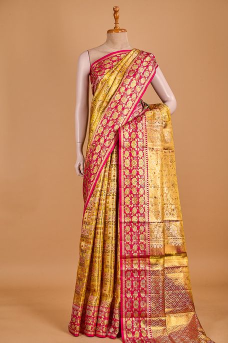 Kanchipuram silk tissue mustard brown saree with blouse