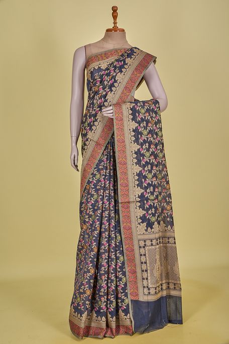 Banarasi cotton navy blue saree with blouse