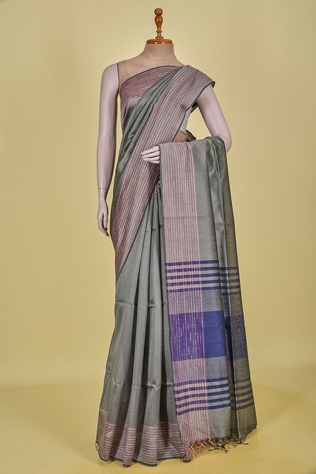 tussar dark steel grey saree with blouse