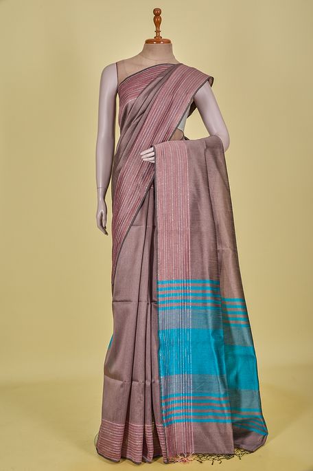 tussar dark khakhi green brown saree with blouse